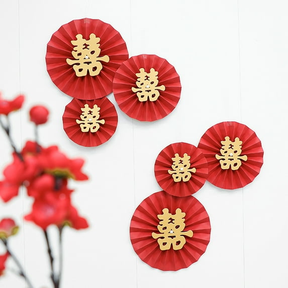 SPRING PARK Party Hanging Paper Fans , Red Round Pattern Paper Garlands Decoration for Birthday Wedding Graduation Events Accessories