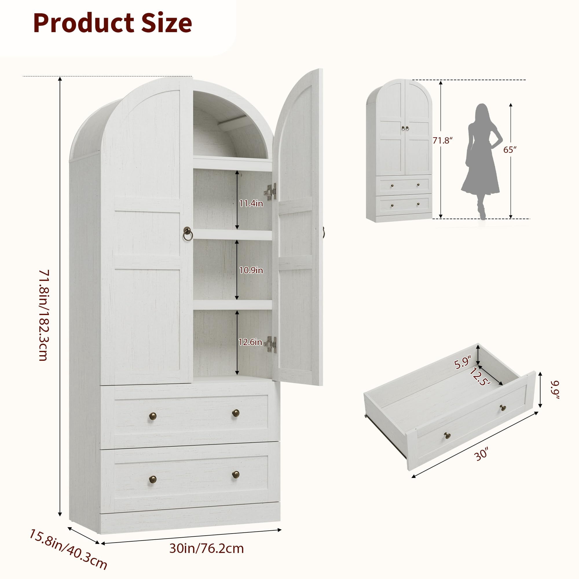 COZONY 72" Tall Arched Kitchen Pantry Cabinet, Farmhouse Wooden Storage with 2 Drawers & Wood Doors, Freestanding Buffet for Dining & Living ,Antique White