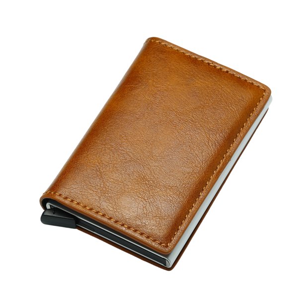 Cartera de piel sintética para hombre, billetera triple con bloqueo RFID y tarjetero delgado emergente, tarjetero de aluminio metálico.