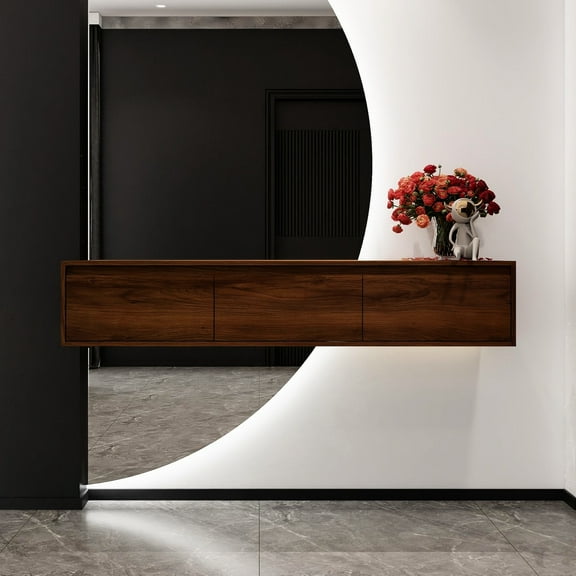 60" Bathroom Vanity, Wall Mount - Brown Ebony Modern Contemporary Soft Close Drawer Cabinet Dresser, Mounted Vanity