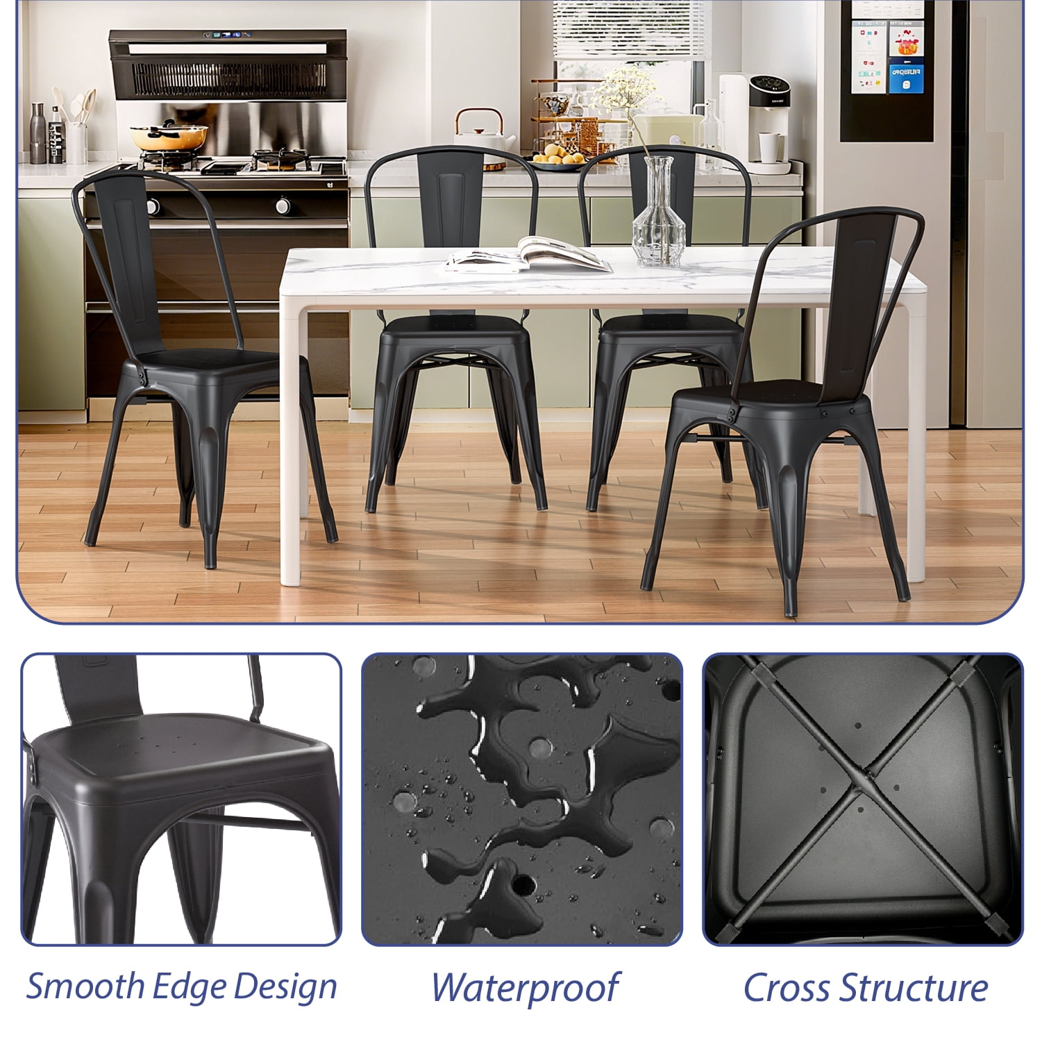VOLIX 33'' Black Metal Dining Chair Stackable Side Chair  Outdoor Indoor Patio Chair (Set of 4)