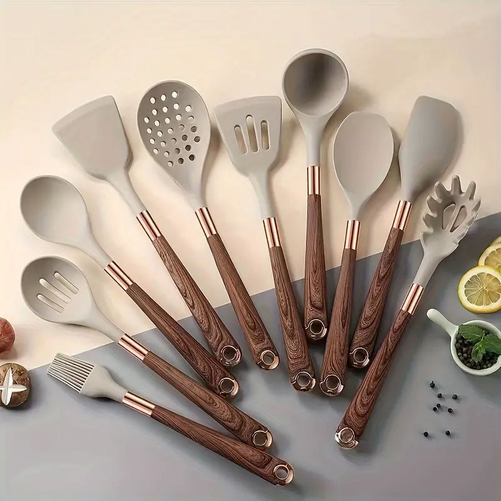 Mictong high-quality non stick silicone kitchen utensil set, easy to cook tool set, easy to clean, heat-resistant, durable, is a must-have for home chefs, brown, 10 pieces