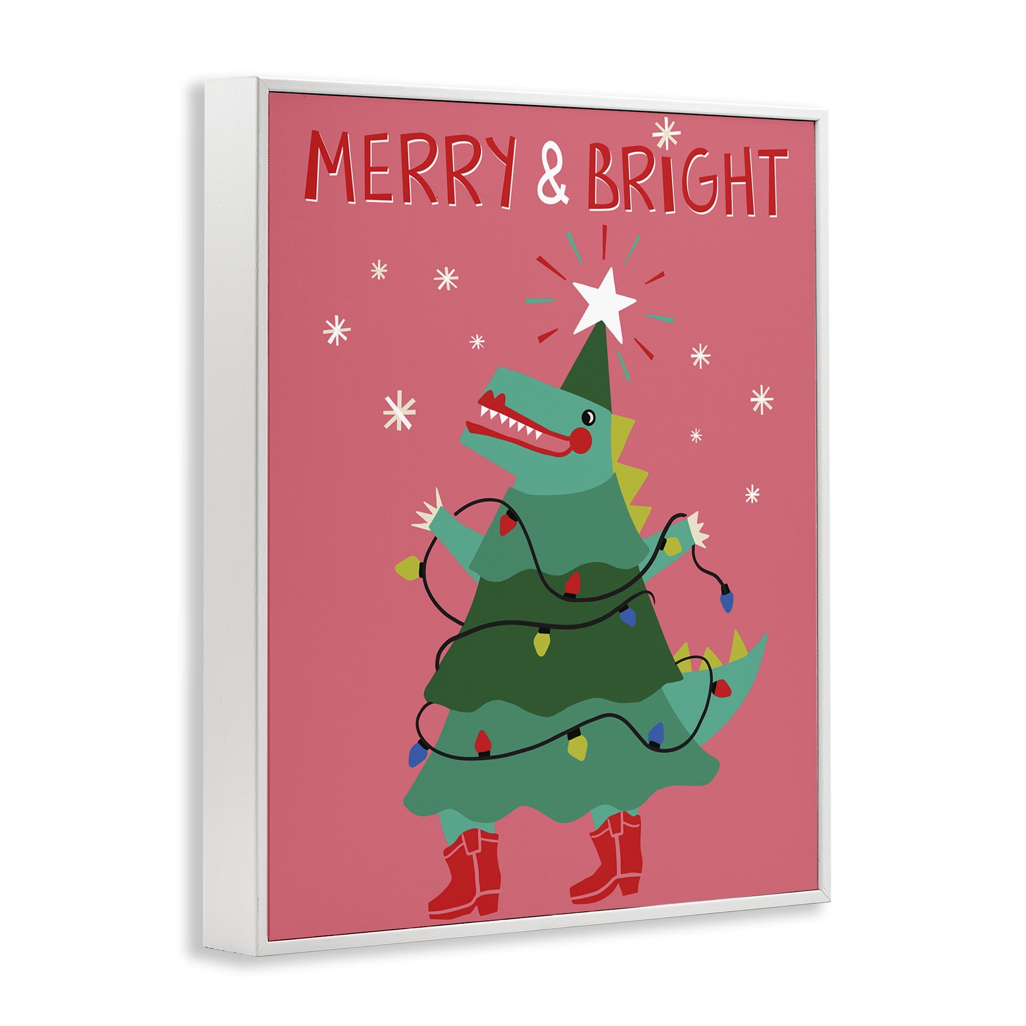 Stupell Industries Merry and Bright Dinosaur Holiday Painting White Framed Art Prints Wall Art, 16 x 20