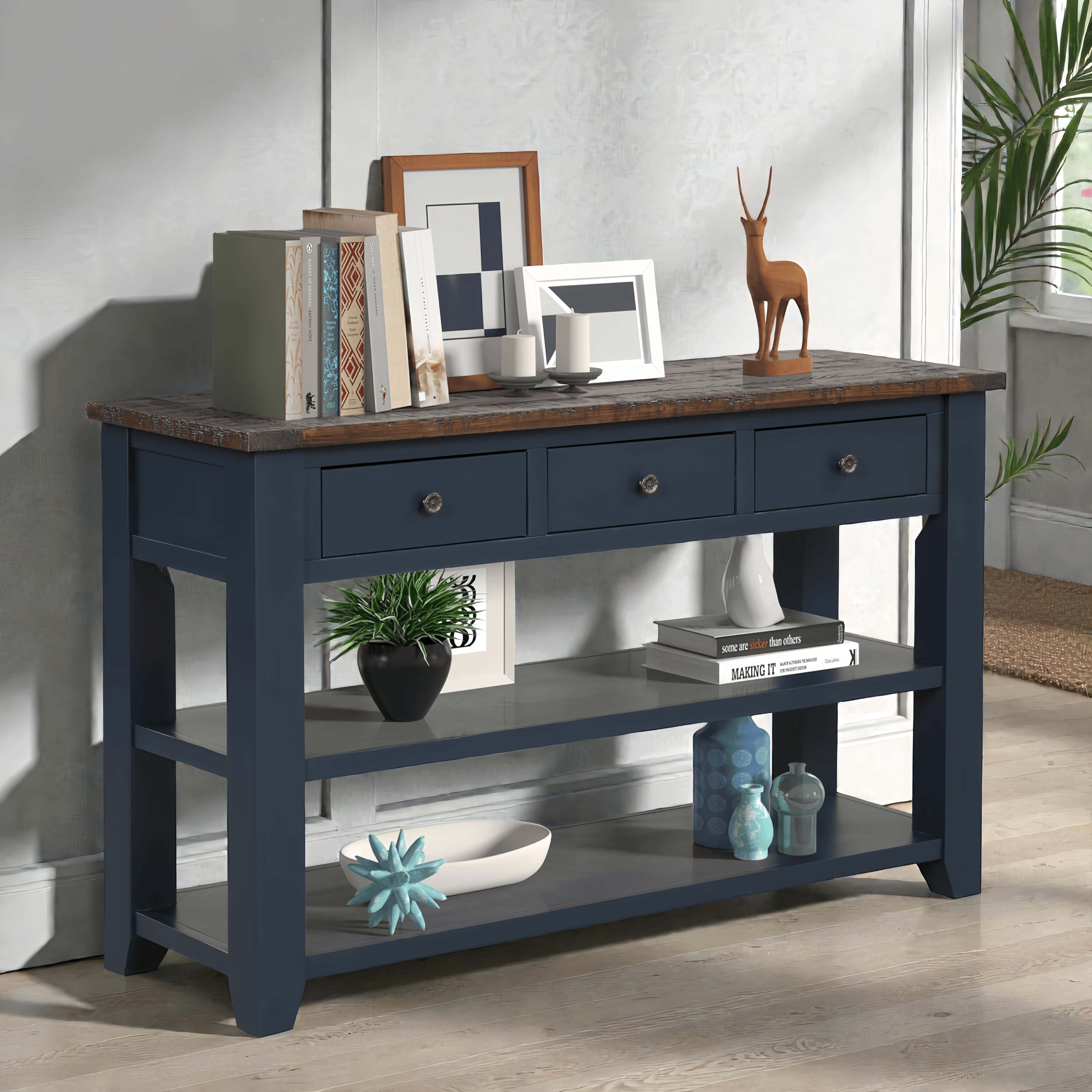 Tcbosik Console Table with Open Shelves and 3 Storage Drawers, Farmhouse Sofa Table, Accent Table for Entryway, Hallway, Foyer, Living Room, Space Saving, Navy Blue