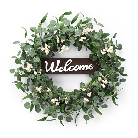 Eucalyptus Wreath 20 Inch Artificial Greenery with White Berries and Rustic Welcome Sign for Front Door Farmhouse Wall Porch Indoor Outdoor Decor