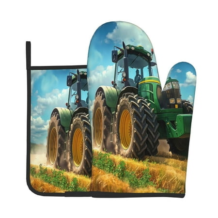 

Jgfou Green Tractor Field Pattern Oven Mitts and Pot Holders Sets Heat Resistant Oven Mittens Soft Lining Extra Thicken Long Kitchen Cotton Oven Glove for Cooking