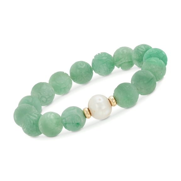 Ross-Simons 11-12mm Cultured Pearl and Carved Jade Chinese "Dragon" Beaded Stretch Bracelet With 14kt Yellow Gold, Women's, Adult