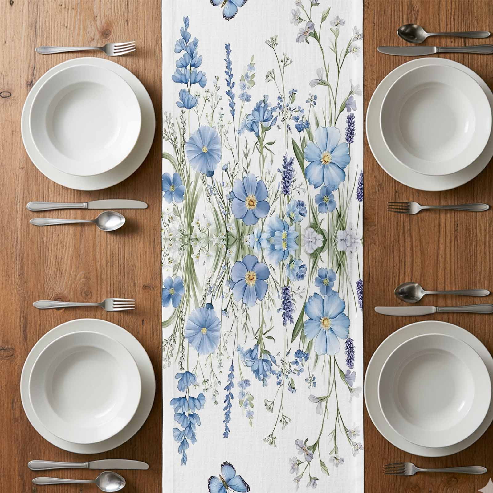 Floral Table Runner 13x120 inch Spring Blue Wildflowers Butterfly Botanical Scenery Cotton Linen Dining Table Runner Ideal for Dresser Kitchen Coffee Tables - Machine Washable