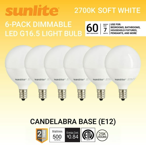 Sunlite LED G16.5 Globe Light Bulb, 7 Watts (60W Equivalent), 500 Lumens, 2700k Warm White, Dimmable, Candelabra E12 Base, Short Bulbs, Vanity Bulbs, Frosted, 6 Count