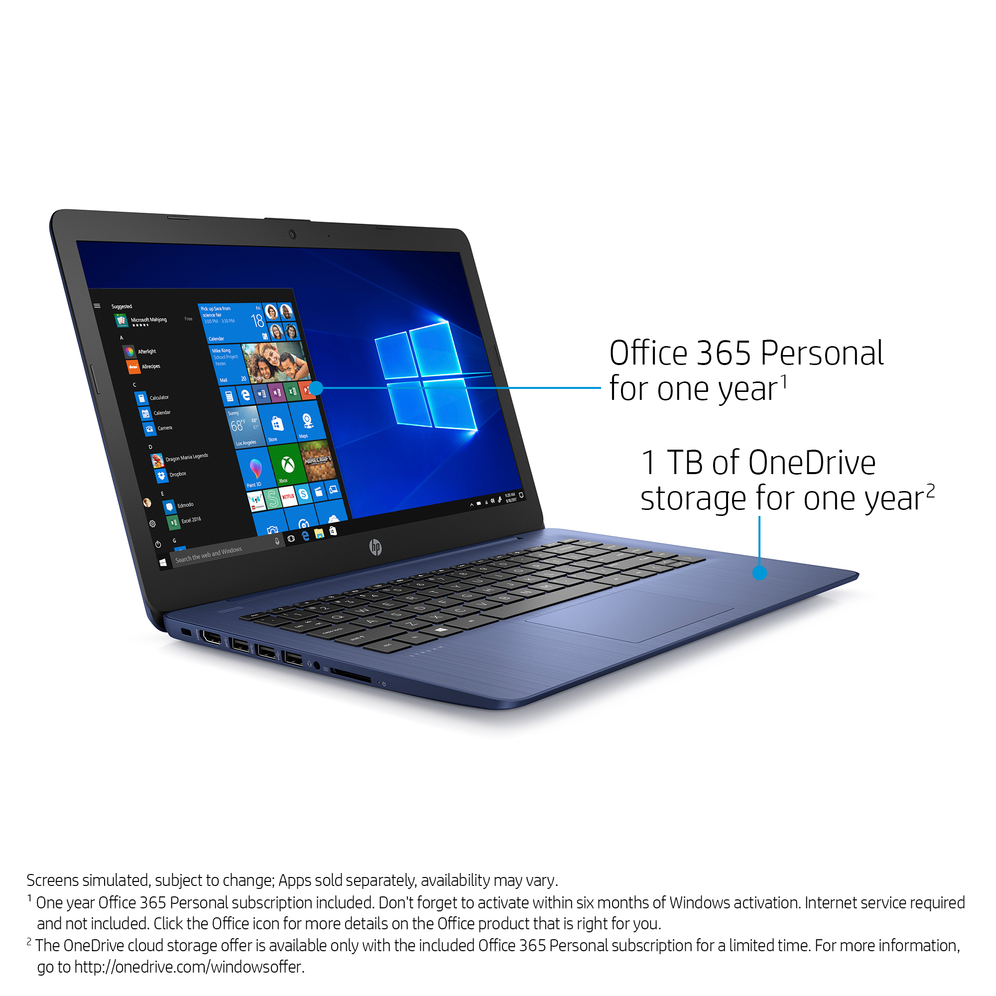 HP 14" PC Laptop, Intel Celeron N4000, 4GB RAM, 64GB HD, Windows 10S with 1 year Office 365, Blue, 14-cb171wm - image 3 of 12