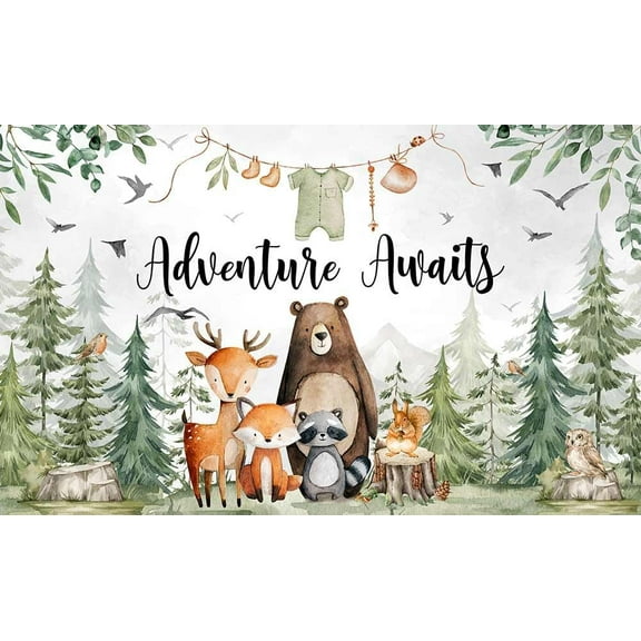 7x5FT Adventure Awaits Backdrop Woodland Baby Shower Photography Background Retro Forest Cute Cartoon Animals Baby Shower Party Decorations Banner Photo Booth Props