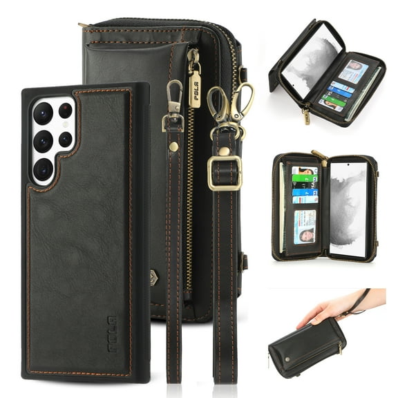 SaniMore Case for Samsung Galaxy S24 Ultra, [Crossbody Lanyard & Wrist Strap] 2 in 1 Zipper Wallet Case [Detachable] Card Holders Cash Pocket] Shockproof Anti-fall Cover, Black