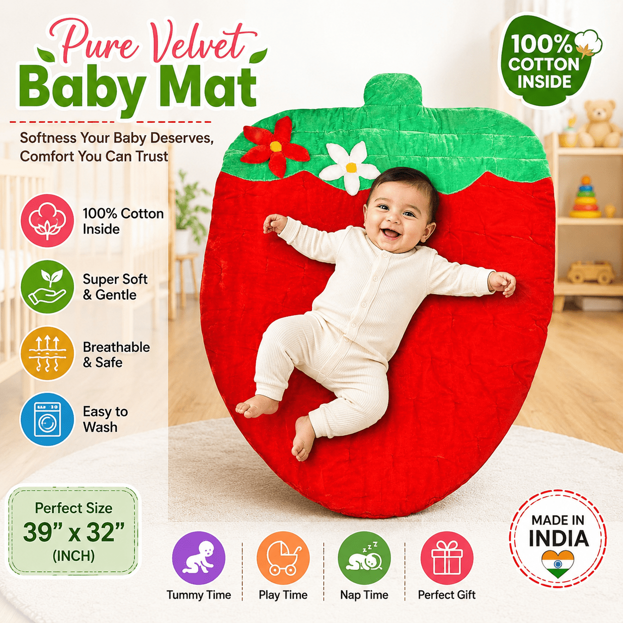 Happy Hatch Strawberry Baby Play Mat, 39 x 32 Inch Plush Floor Mat for Infants & Toddlers, 100% Cotton Filled, Soft Velvet Surface, Tummy Time & Nursery Floor Cushion, Red