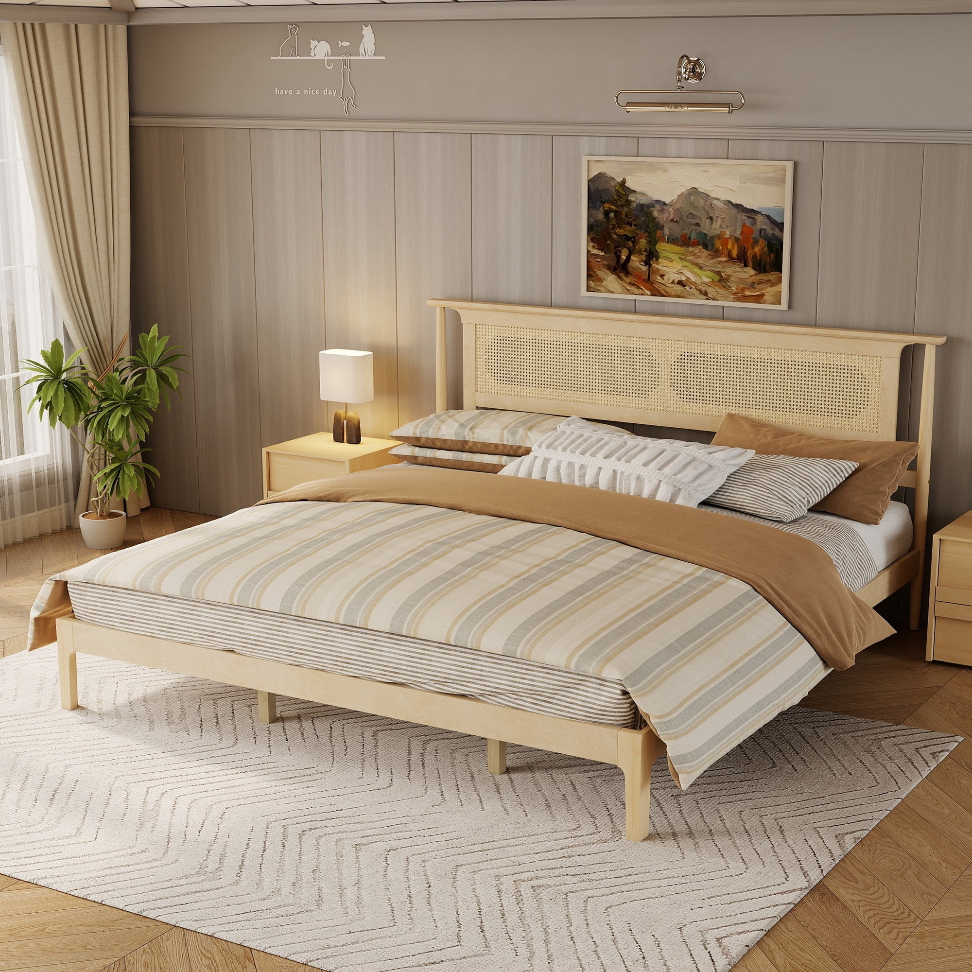 Mintazer Vintage King Size Pine Platform Bed Frame with Rattan Headboard for Bedroom,No Box Spring Needed, Natural