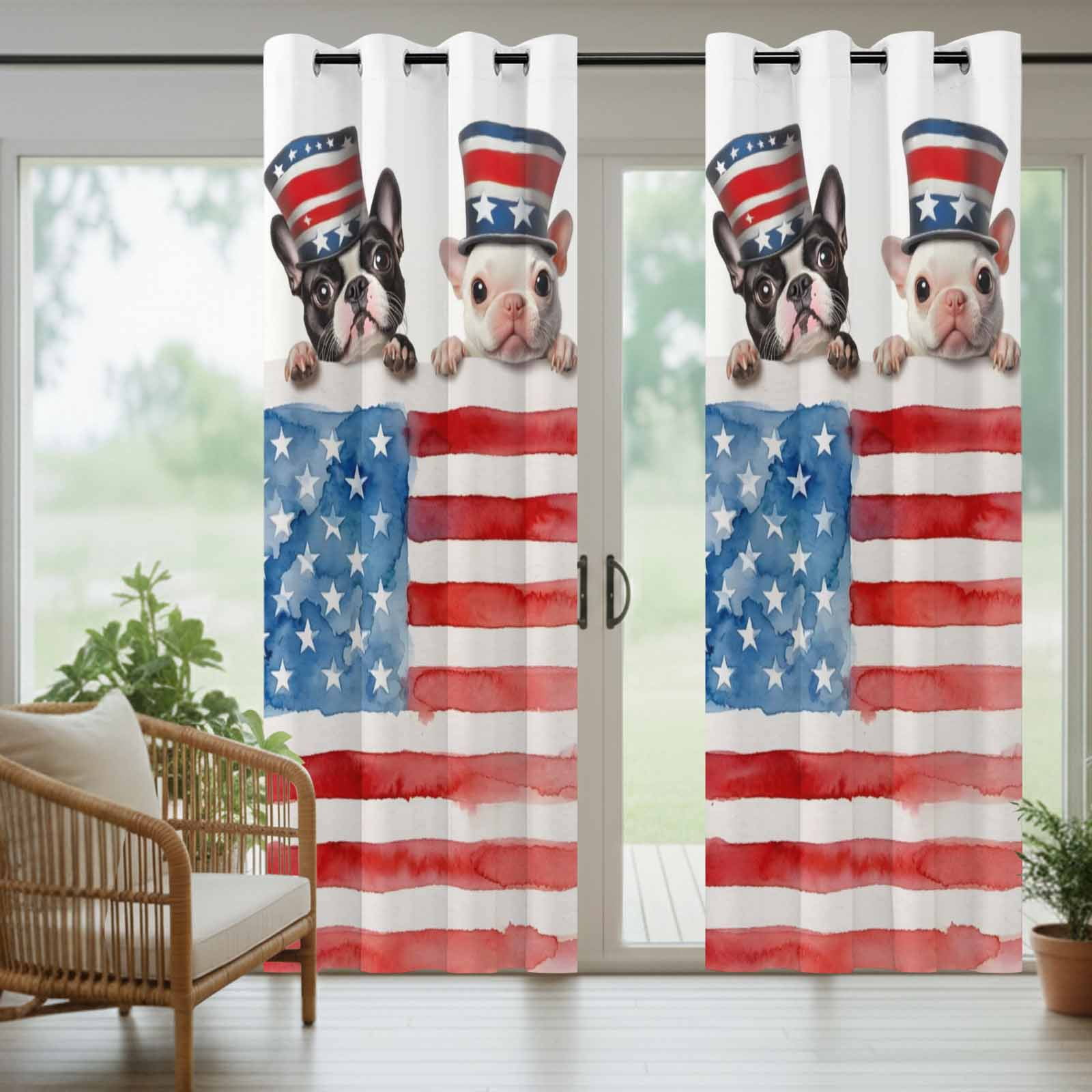 Independence Day Outdoor Curtains for Patio, Watercolor Red Blue Flag Hat Dog Parrot Sunshade Privacy Drapes Grommet Waterproof Outside Curtains for Porch/Cabana/Balcony 54"x 108", 1 Panel