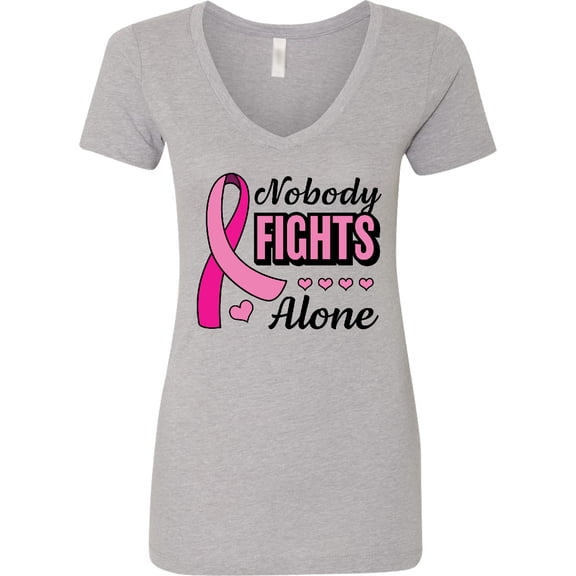 Inktastic Breast Cancer Awareness Nobody Fights Alone Pink Ribbon Women's V-Neck T-Shirt
