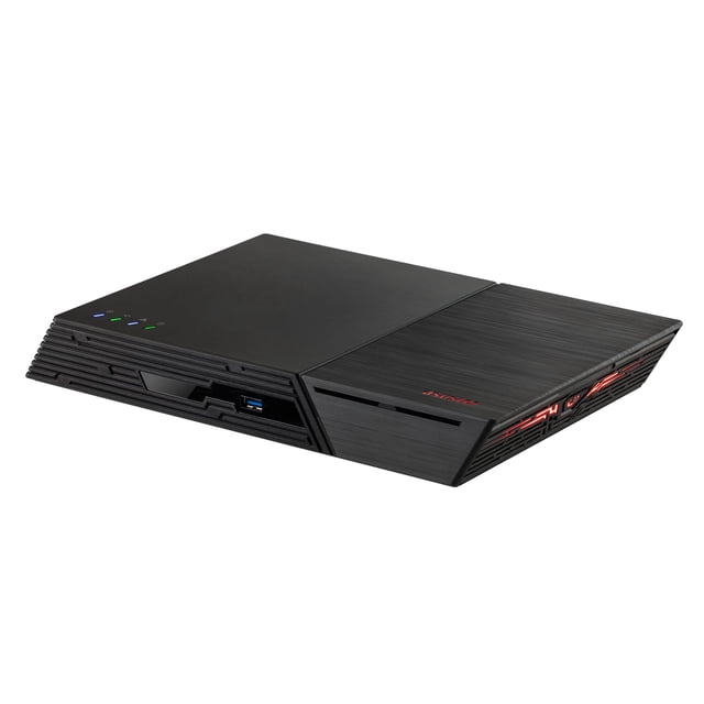Almacenamiento NAS Asustor Flashstor 6 FS6706T 6 bahías todo SSD, vista 3/4 frontal de carcasa negra baja con paneles angulados; LEDs de estado y puerto USB 3.2 visibles en el frente, ranuras M.2 y rejilla lateral con logo Asustor rojo; ideal para servidores domésticos u oficinas pequeñas, a menudo usado para centralizar copias de seguridad.