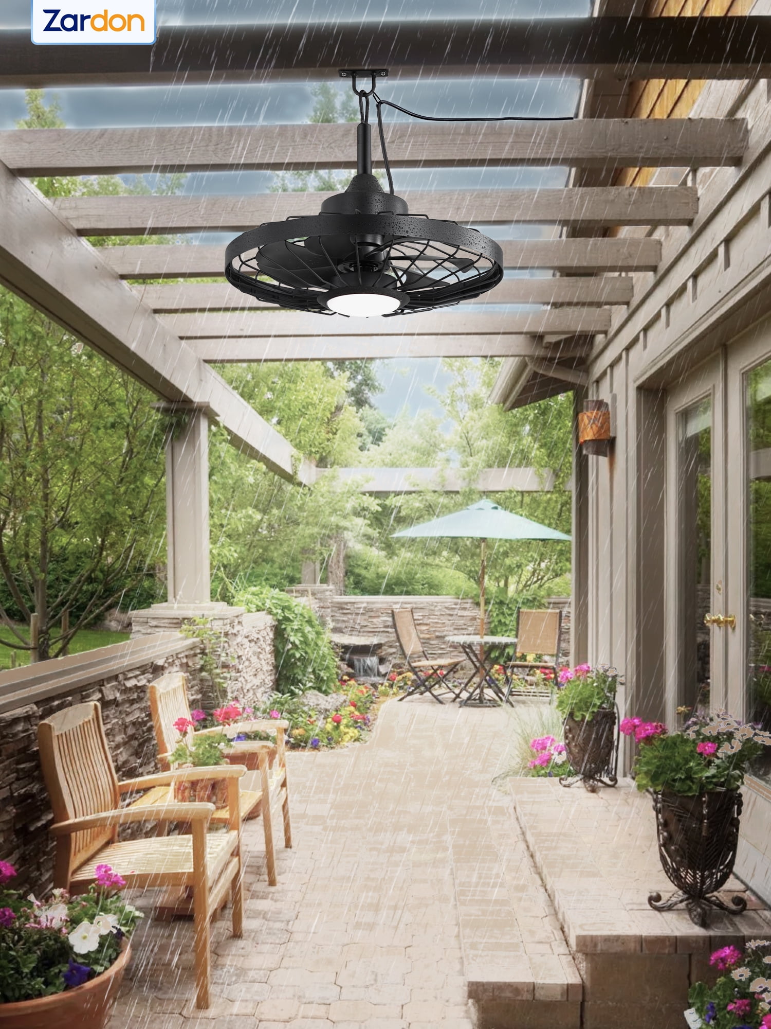 Zardon 20" Outdoor Ceiling Fan with Light and Remote Control, Waterproof Farmhouse Hanging Ceiling fans for Patio Gazebo Porch Pergola, 6 Speeds, APP Control, Black