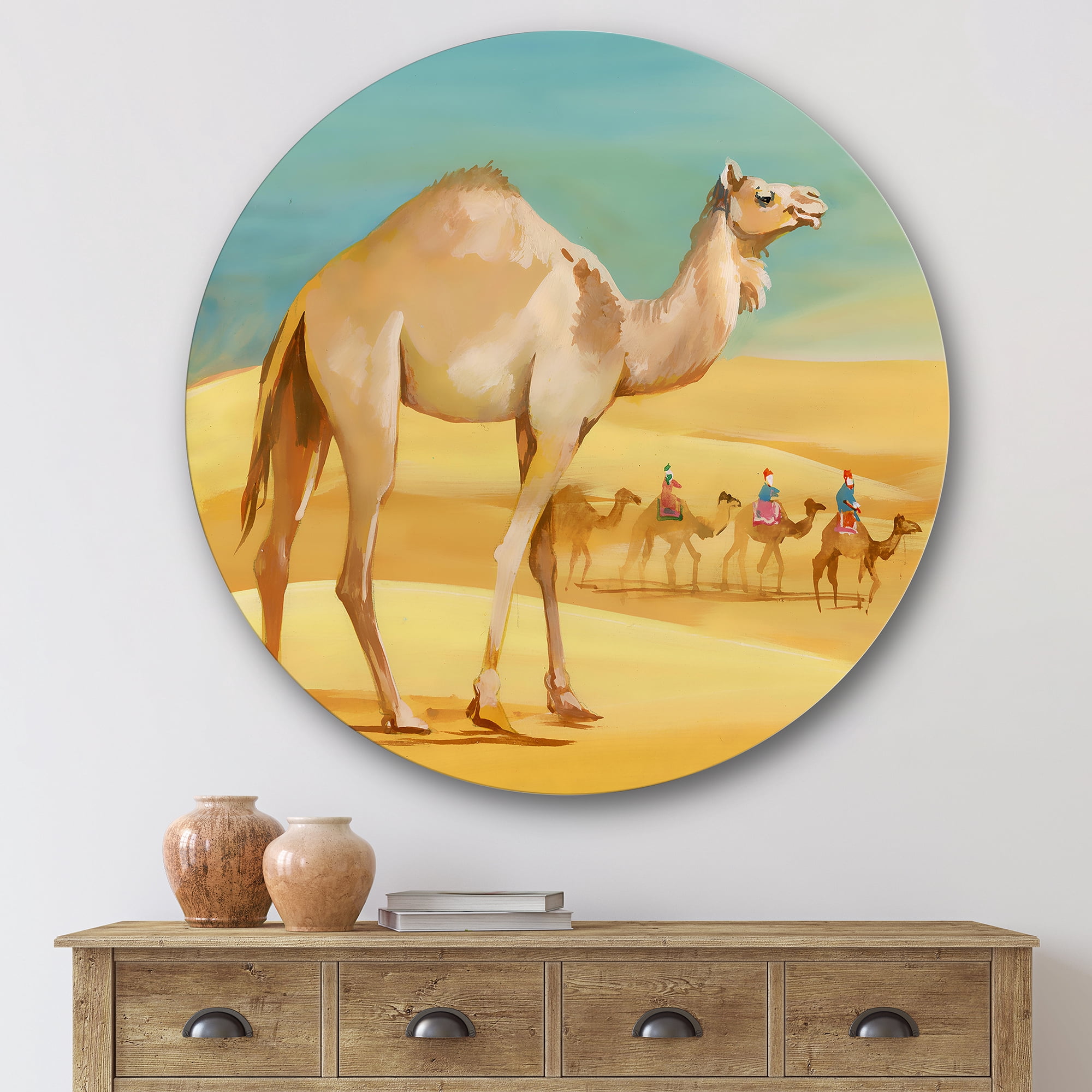 Designart 'Camels In Wild Desert I' Farmhouse Circle Metal Wall Art 36x36 - Disc of 36