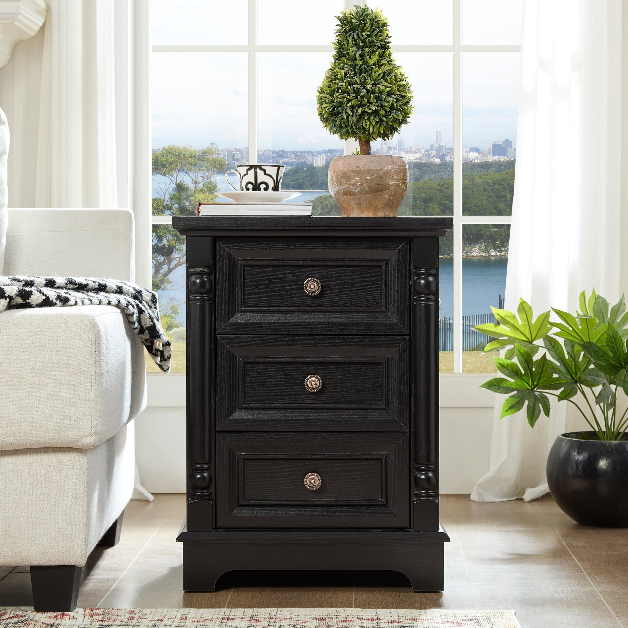 AENKYO Farmhouse 3-Drawer Nightstand with Charging Station, Rustic Wooden End Table for Bedroom & Living Room, Black