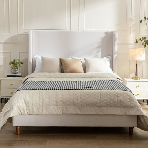 Noble House Harper Indoor Upholstered Metal Tall Headboard King Bed, Ivory
