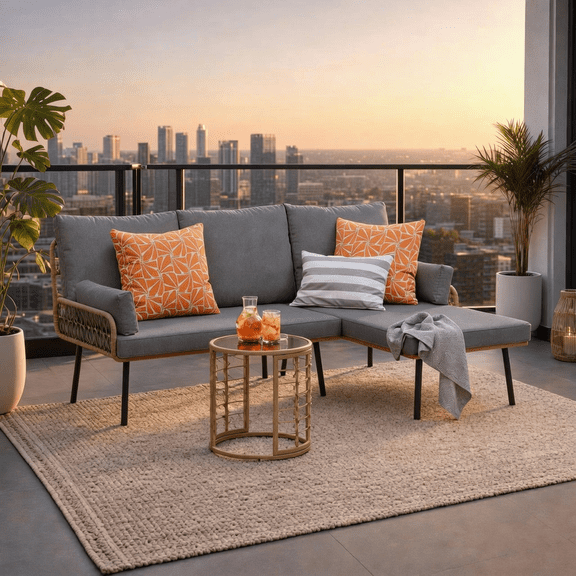 Aiho 3 Piece Outdoor Wicker Sofa Chair Set with Glass Coffee Table & Cushions for Patio Occasions, Gray