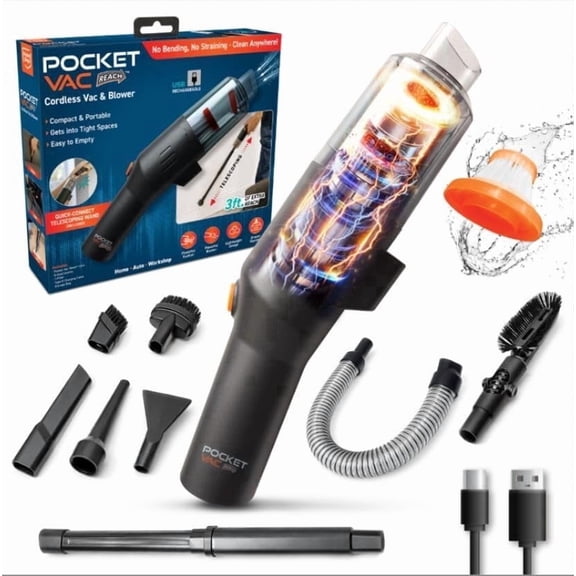 Pocket Vac Reach Handheld Vacuum & Blower with Telescoping Wand, Black
