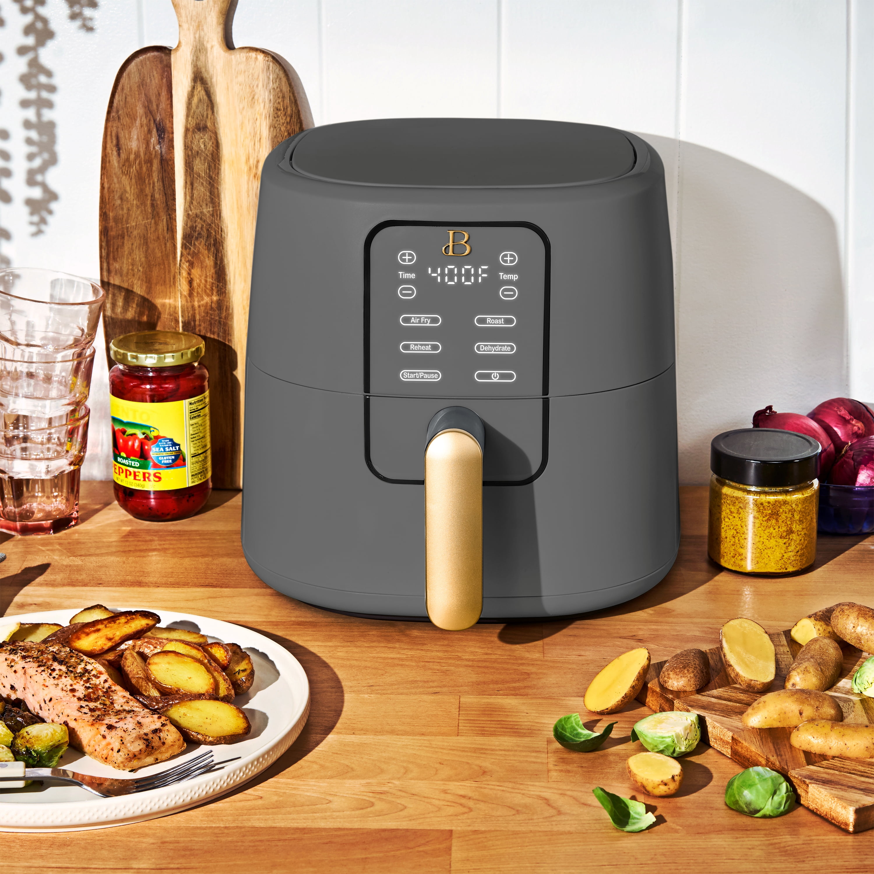 Beautiful 6 Qt Air Fryer with TurboCrisp Technology, EverGood Ceramic Nonstick Coating, Oyster Grey by Drew Barrymore