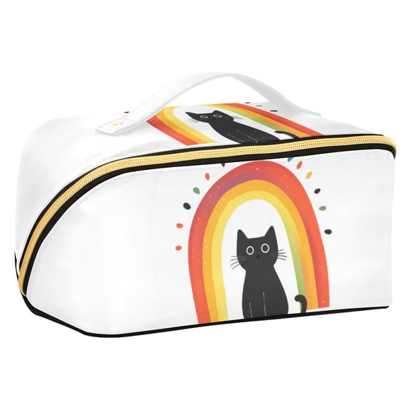 FORMRS Makeup Bag Travel Cosmetic Organizer for Women Fold Flat Zipper Pouch with Handle, Black Cat Rainbow