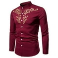 thumbnail image 2 of IROINNID Button Up Shirts for Men Floral Embroidery Slim Fit Long Sleeve Band Collar Dress Shirts,Burgundy, 2 of 4