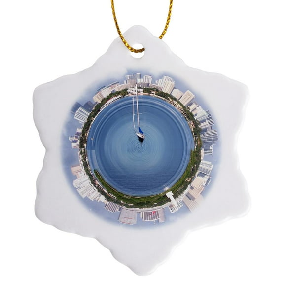 3drose, Southern Sails Surreal Scene of a Sailboat on the Waters Around Miami Florida, 3 inch Snowflake Porcelain Ornament