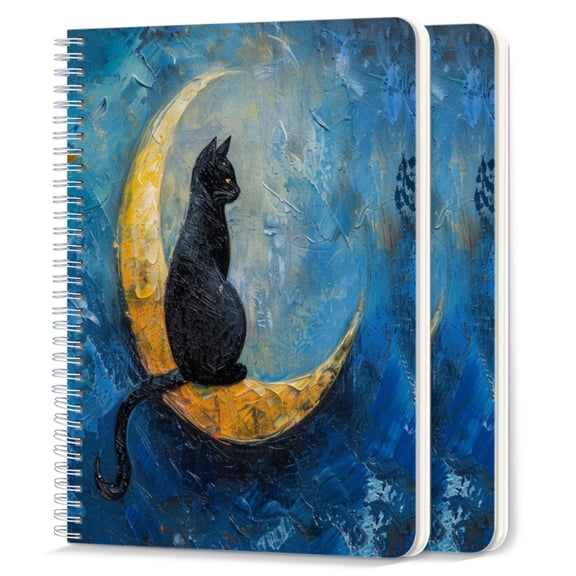 Spiral Notebook,College Ruled Journal,8.26" x 5.71" 50 Sheets/100 Pages,2 Pack - Black Cat Sitting on The Moon Against Blue Background