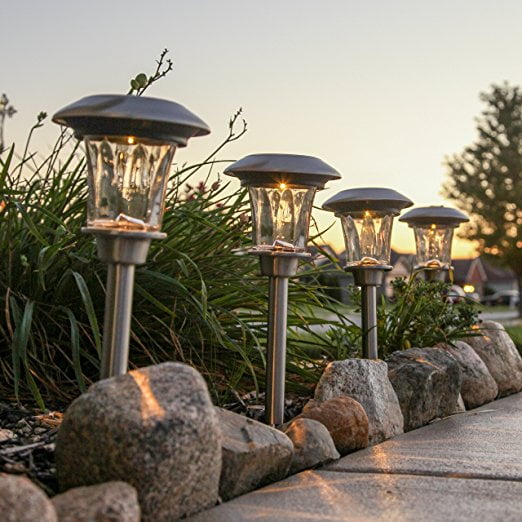 4 Solar Stainless Steel Path Lights with Warm White LEDs, 14\ by LampLust