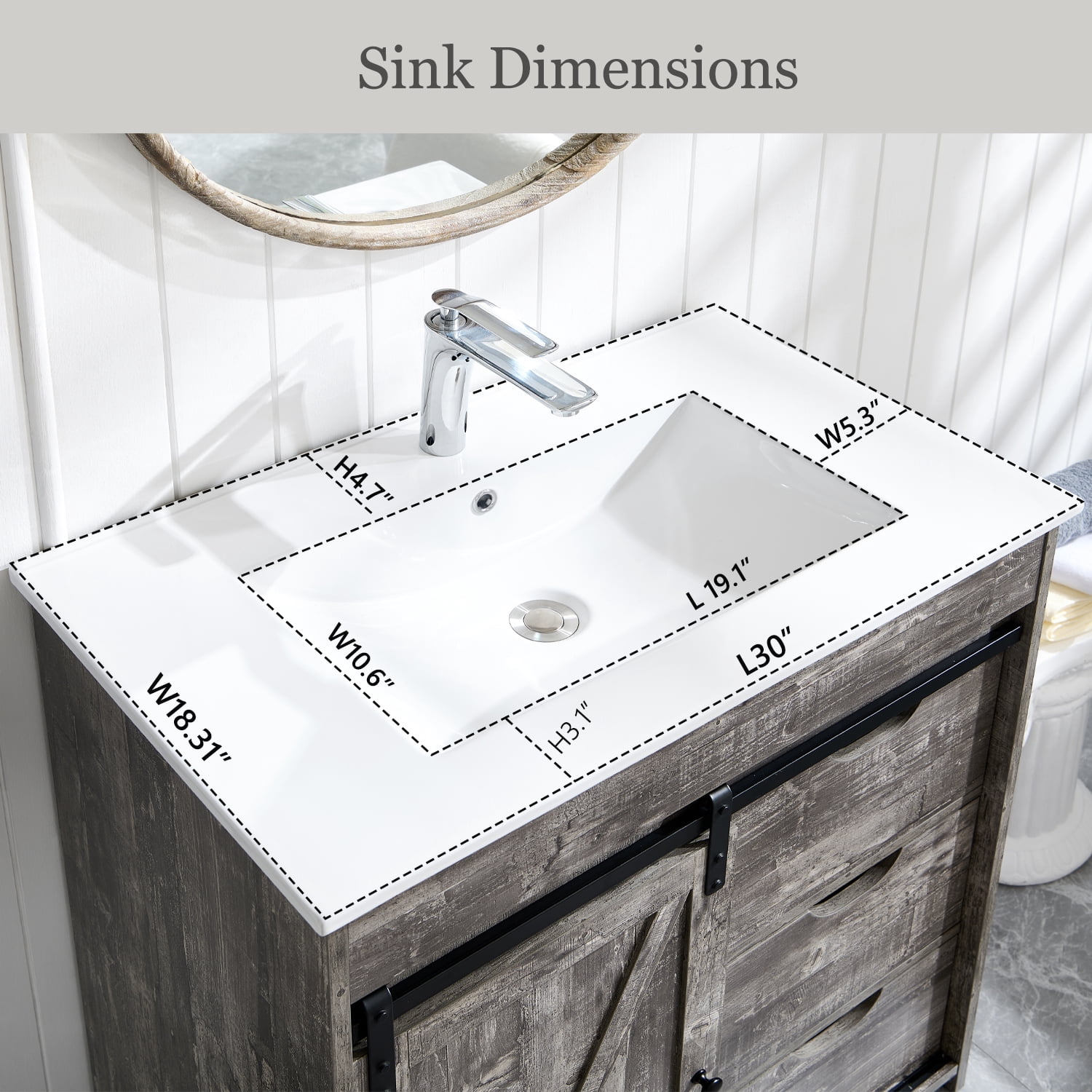 wow97e Farmhouse Bathroom Vanity with Sink, 24" Freestanding Bathroom Vanity Cabinet with Sliding Barn Door, 3 Storage Drawers & Adjustable Shelves