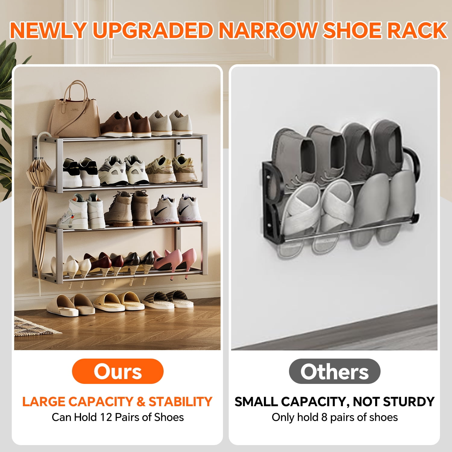 Hanging Shoe Organizer,2 Pack Wall Mounted Shoe Rack Holds 12 Pairs,Space Saving Metal Wall Shoe Rack,Hanging Shoe Rack Shoe Holder for Small Space,Entryway,Closet,RV,Camper（Sliver)