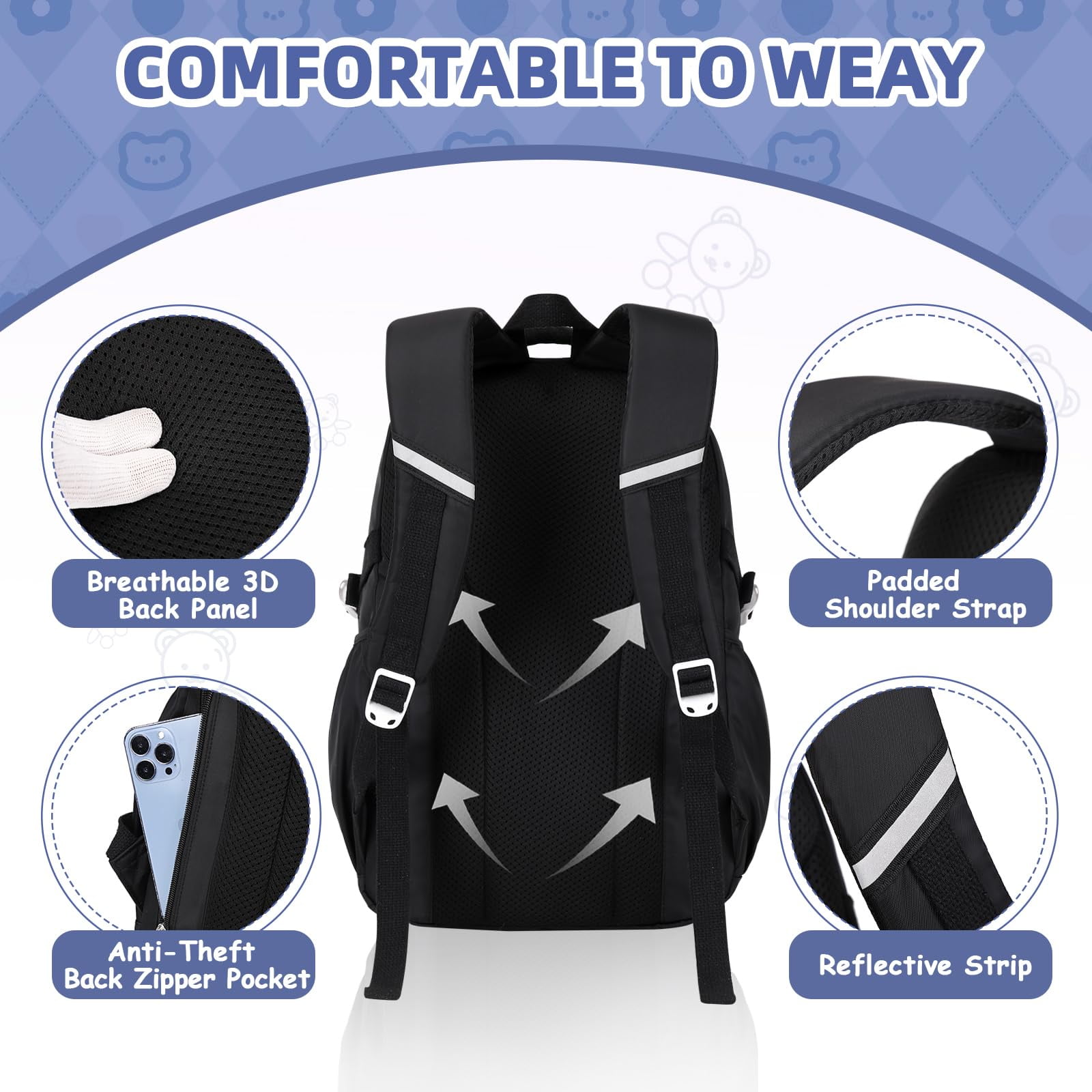 Soda Candy Backpacks with Anti-Theft Back Pocket, Lightweight School Backpack, Water Resistant Bookbag, Black