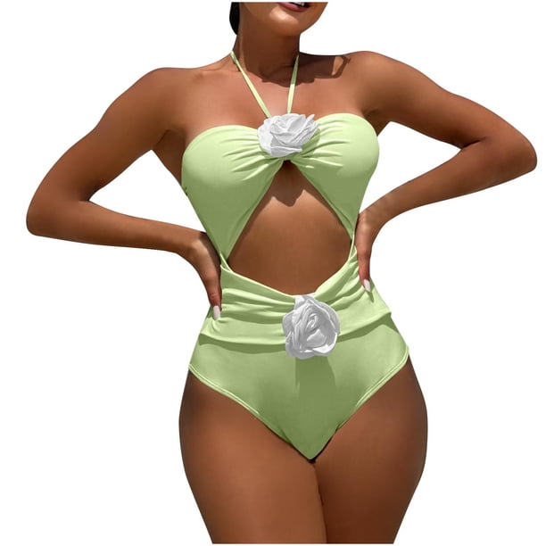 Trajes de baño de una pieza para mujer, bikini de moda de color liso con cordón y tirantes de rosas huecas, traje de baño para mujer, trajes de baño para mujer, moda de playa para mujer