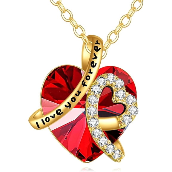 14K Real Gold I Love You Forever Necklace Solid Yellow Gold Heart Birthstone Crystal Pendant Jewelry Birthday Mother's Day Anniversary Christmas Gifts for Women