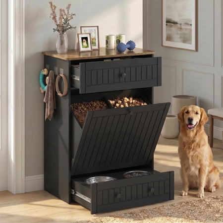 Advwin Dog Feeding Station with Storage Cabinet, Hidden Pull-Out Elevated Bowls, Drawer & Hooks, Dog Food Organizer Cabinet with Slow Feeder & 2 Stainless Steel Bowls for Medium & Large Dogs, Black