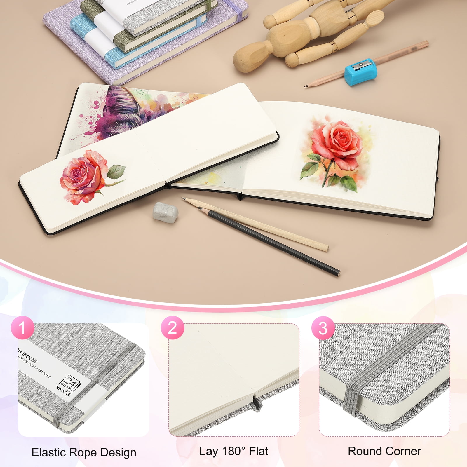 Uxcell 8.3x5.5" Square Watercolor Sketchbook, 2Pcs 24 Sheet 300gsm/140lb, Light Gray