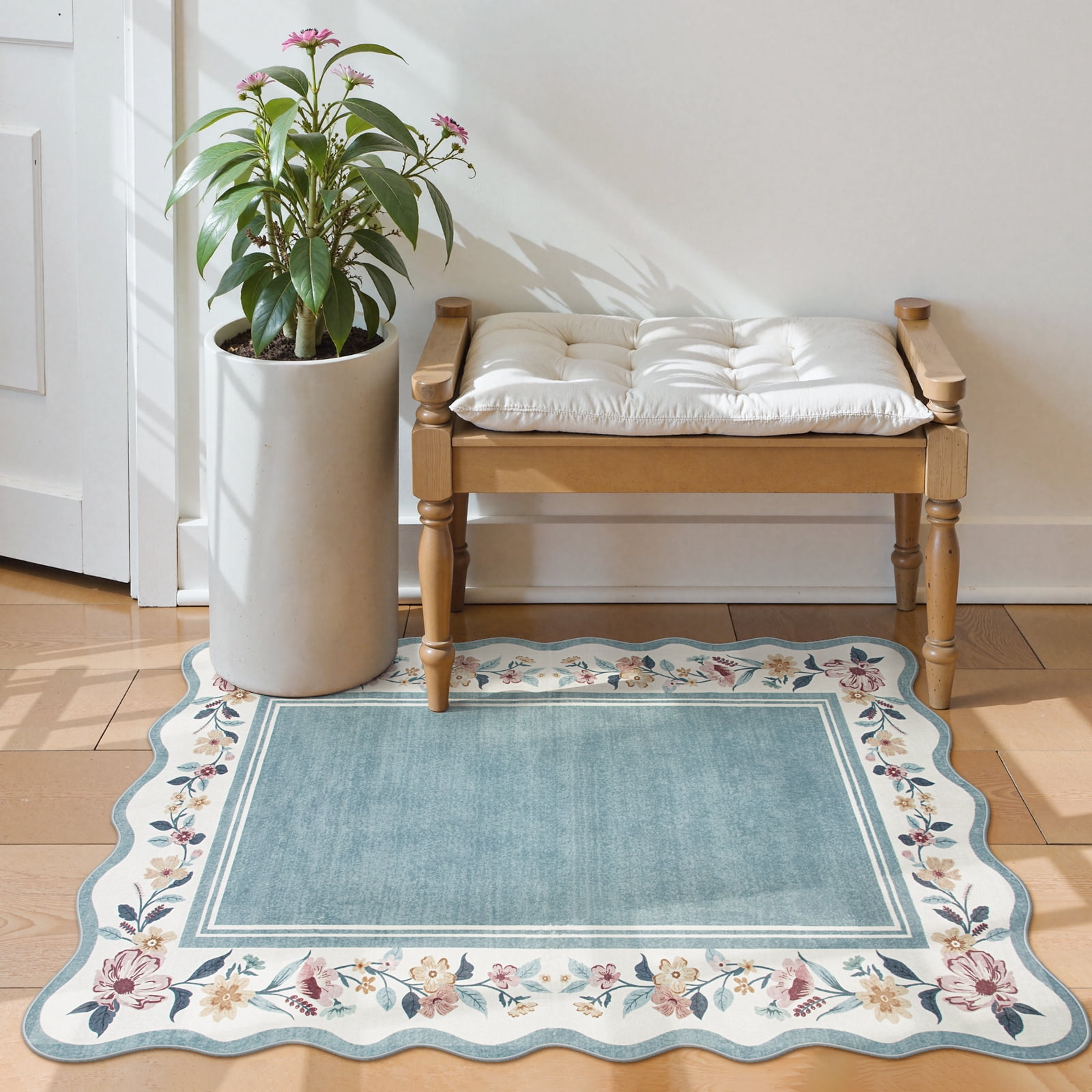 Lahome 2'x3' Boho Floral Washable Small Rug,Ultra-Thin Scalloped Rug, Non-Slip & Stain Resistant,Soft Low-Pile Mat for Kitchen, Bathroom, Bedroom Front Door Indoor Entrance (2x3ft,Blue)