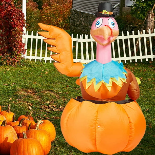 6Ft Thanksgiving Inflatable Yard Decor, Blow Up Lighted Turkey on Pumpkin, Outdoor Indoor