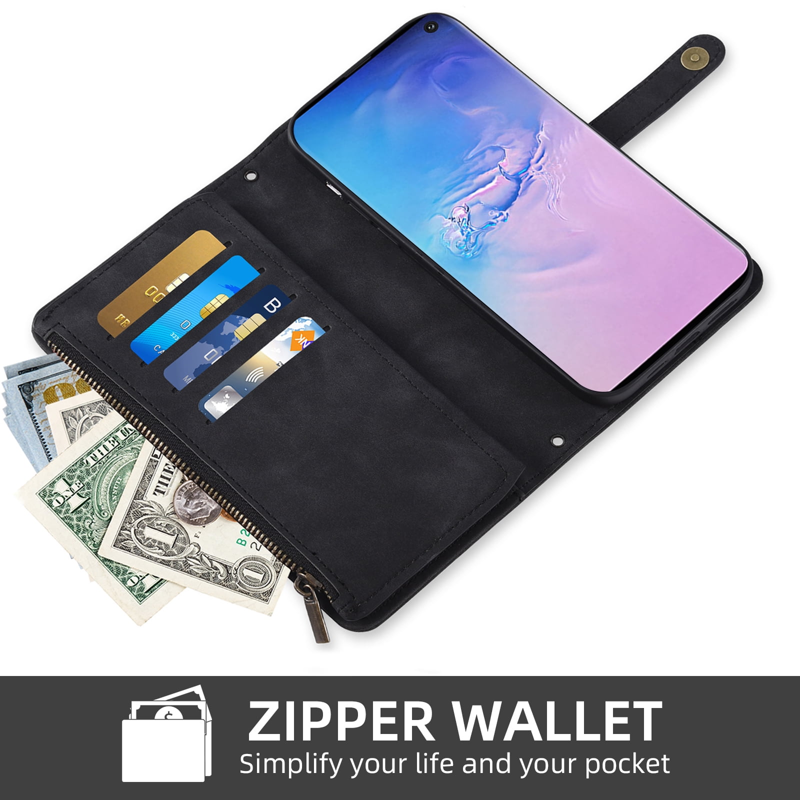 Asuwish Phone Case for Samsung Galaxy S10 Wallet Cover With Tempered Glass Screen Protector Crossbody Wrist Strap Flip Pattern Zipper Credit Card Holder Stand Cell S 10 Edge 10S GS10 X10 Women Black