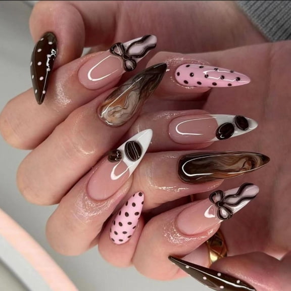 Zeiwohndc Professional French False Nail Pink Dot and Floral Design Comfortable ABS Nail