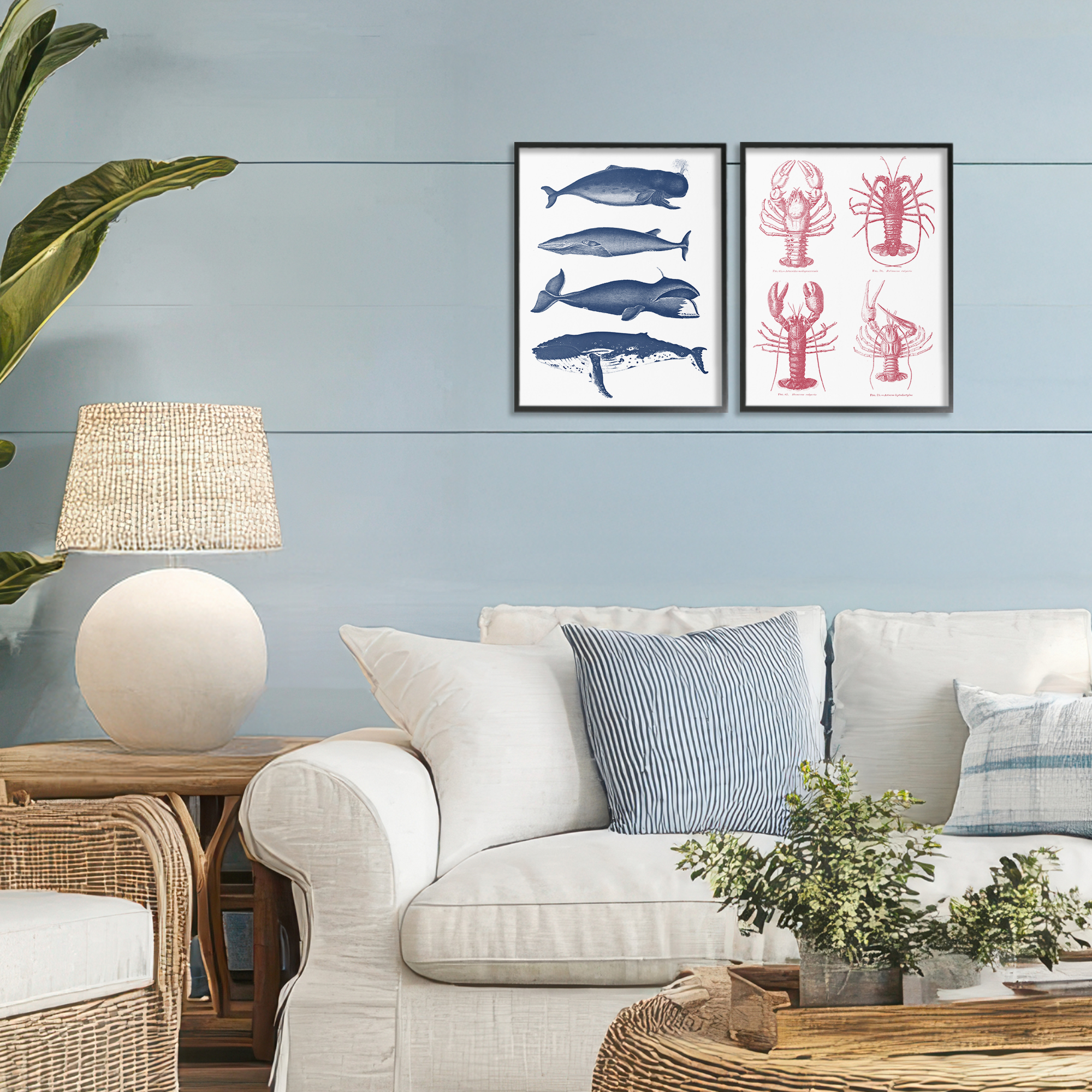 Marine Whales & Lobsters 2 Piece Black Framed Giclee Art Set, design by Lettered and Lined