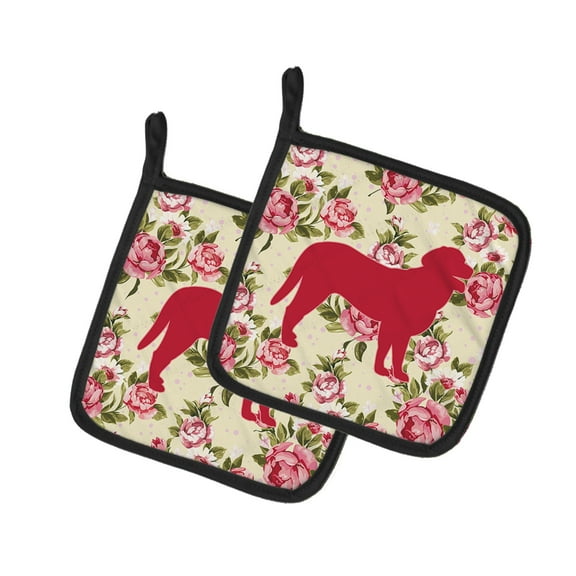 Curly Coated Retriever Shabby Chic Yellow Roses Pair of Pot Holders