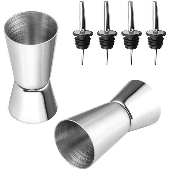 BUZIFU 2PCS Jigger Dual Spirit Measure Cup Stainless Steel 20/50 ml Alcohol Bar Shot Measure Cup with 4PCS Freeflow Pourer for Bar Party Wine Cocktail Drink Shaker Making(Silver Black)