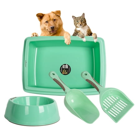 KARMASFAR PRODUCT 4 Color Cat Litter Pan Litter Box Plastic Cat Food Bowl with Scoop Shovel, 4Pcs Pet Supplies Set for