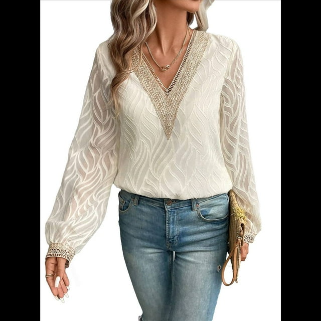 Blusas Elegantes e Informales con Cuello en V para Mujer, Blusas de Encaje de Larga, Blusas Tipo Túnica de Jacquard A para Otoño. Albaricoque S