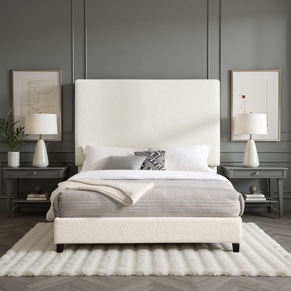 Bed Frames Queen Size White Boucle Upholstered Platform Bed,Storage Beds Frames